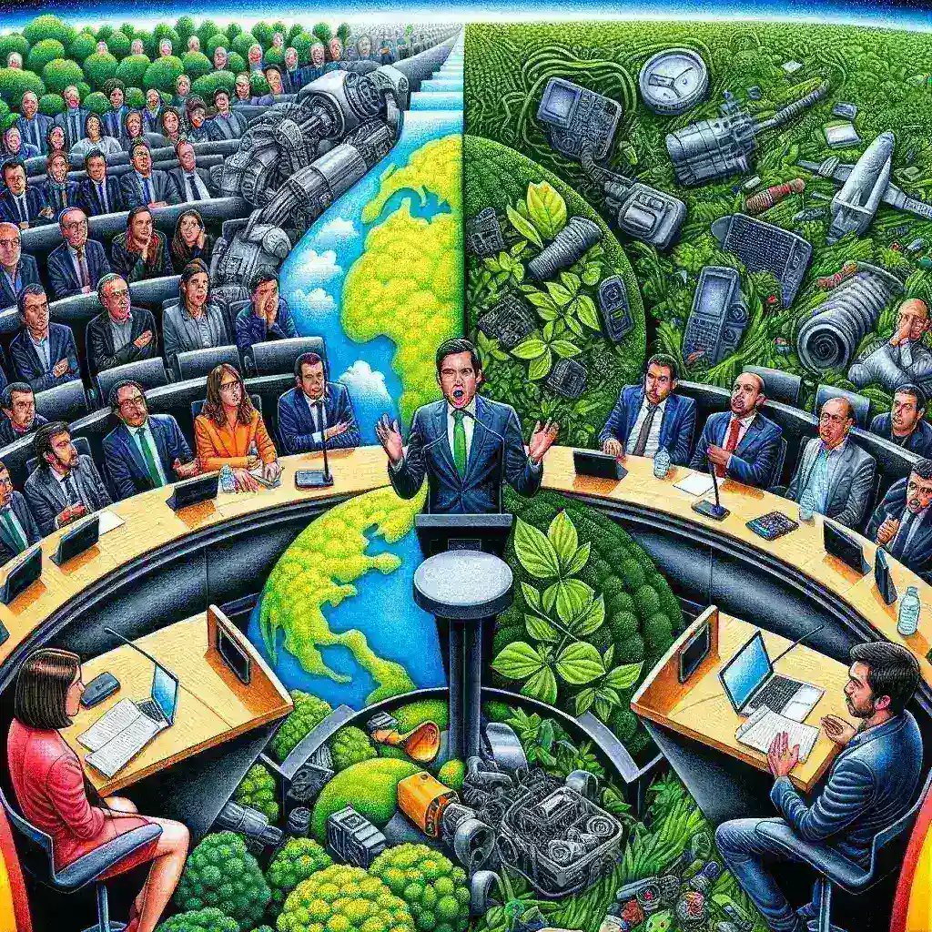 "Debate en español sobre el impacto ecológico de la inteligencia artificial y el problema de los residuos electrónicos e-waste, con panelistas discutiendo soluciones sostenibles y concienciación ambiental."